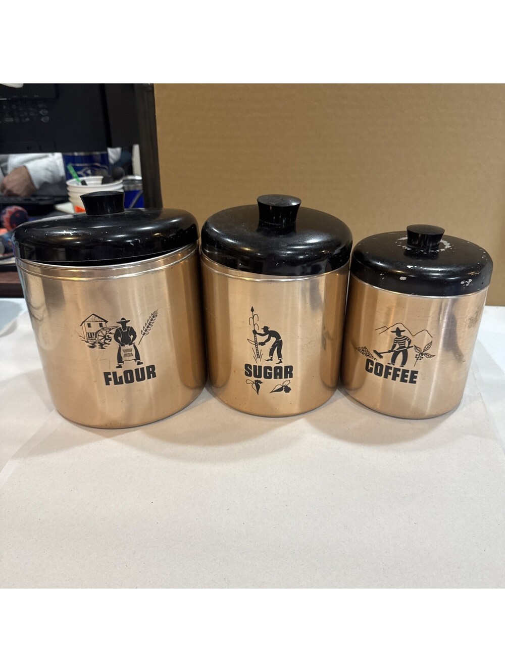 Vntg Copper HAWTHORNE 3 Piece CANISTER SET Farmer Farming Farm w/ Black Lids